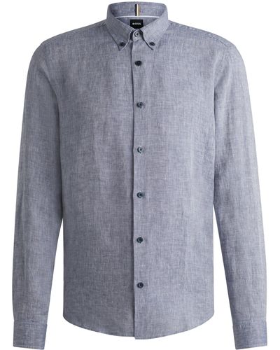 BOSS Regular-Fit Hemd aus Leinen mit Button-Down-Kragen - Blau