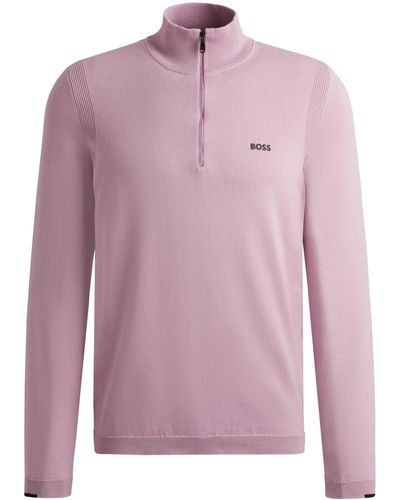 BOSS Pullover aus Baumwoll-Mix mit Troyerkragen und Logo-Print - Pink