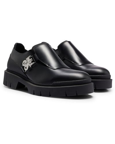 HUGO Stacked-logo Monk Shoes In Brush-off Leather - Black