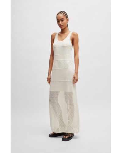 BOSS Knitted Dress In Midi Length With Mixed Structures - White