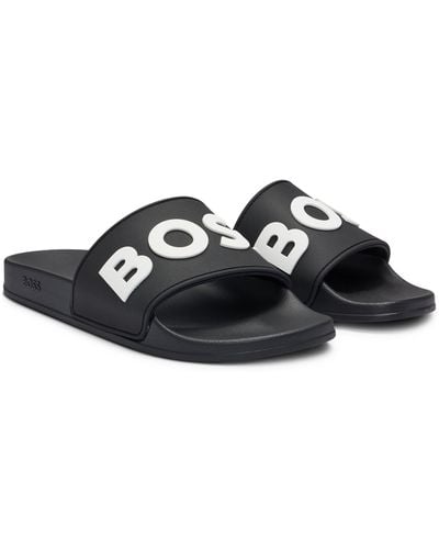 BOSS In Italië Vervaardigde Slippers Met Verhoogd Logo - Zwart
