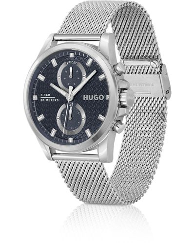 HUGO Uhr mit Mesh-Armband und blauem Zifferblatt - Grau