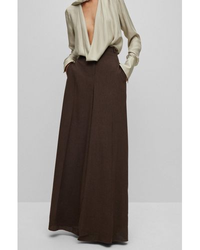 BOSS Relaxed-fit, Wide-leg Wool Pants With Skirt Effect - Brown