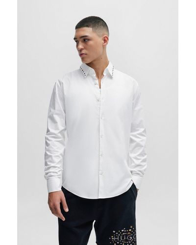 HUGO Slim-fit Shirt In Stretch Cotton With Studded Collar - White