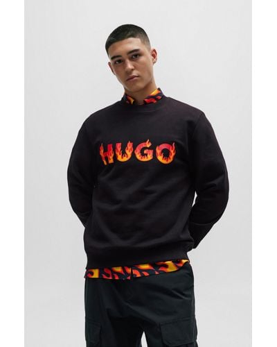 HUGO Sweat en molleton de coton avec logo flammes en relief - Noir