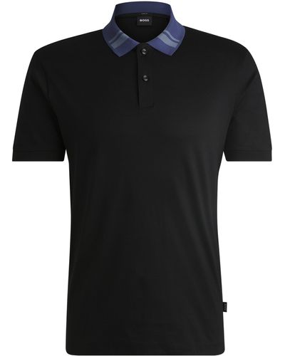 BOSS Slim-Fit Poloshirt aus merzerisierter Baumwolle mit Streifen am Kragen - Schwarz