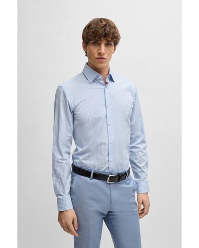 BOSS Slim-fit Shirt In Striped Easy-iron Stretch Cotton - Blue