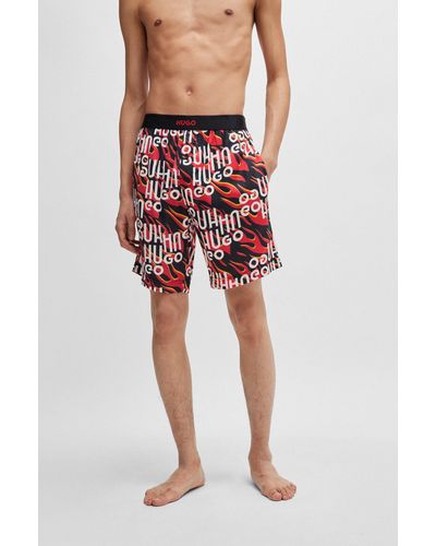 HUGO Pyjama Shorts In Cotton With All-over Logo Print - Red