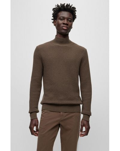 BOSS Mock-neck Sweater In Structured Cotton And Virgin Wool - Brown