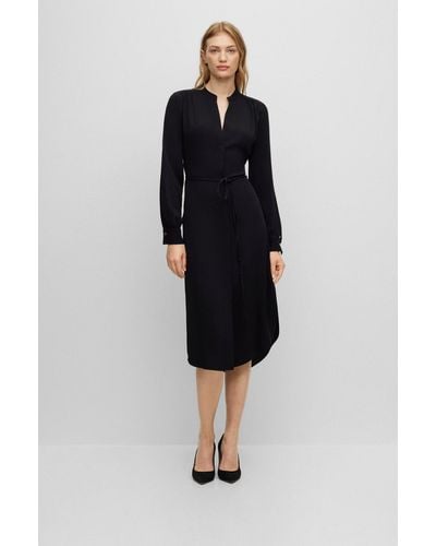BOSS Belted Dress With Collarless V Neckline And Button Cuffs - Black