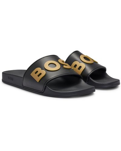 BOSS In Italië Vervaardigde Slippers Met Verhoogd Logo - Zwart