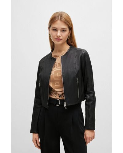 BOSS Collarless Slim-fit Jacket In Rich Leather - Black