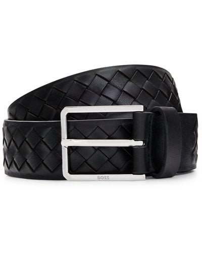 BOSS Woven-leather Belt With Logo Buckle In Polished Hardware - Black