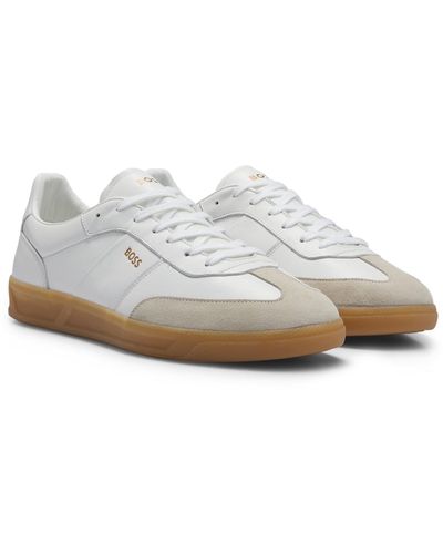 BOSS Leather And Suede Trainers With Emed Logos - White