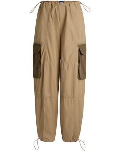 HUGO Oversized-fit Parachute Trousers In Cotton With Cargo Pockets - Natural