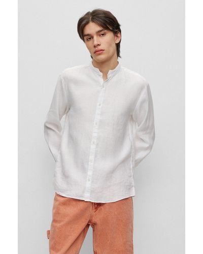 HUGO Collarless Slim-fit Shirt In Linen With Stand Collar - White
