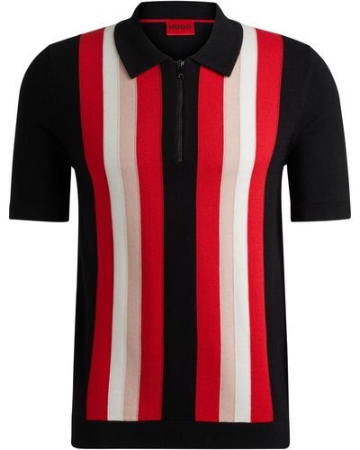HUGO Zip-neck Polo Sweater With Vertical Stripes - Red