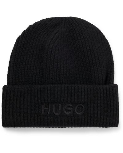 HUGO Bonnet côtelé à logo brodé - Noir