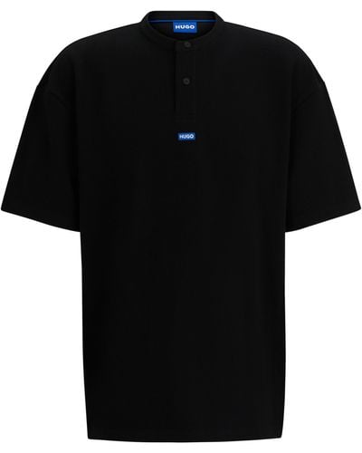 HUGO Loose-fit T-shirt Van Een Katoenmix Met Henley-halslijn - Zwart