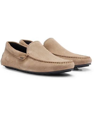BOSS Suede Moccasins With Logo Details - Natural