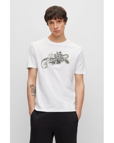 HUGO Cotton-jersey T-shirt With Paisley Motif And Logo - White