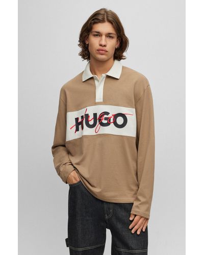 HUGO Cotton-jersey Polo Shirt With Double Logo - Brown