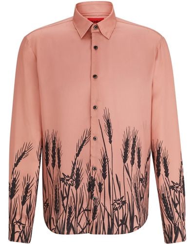 HUGO Slim-fit Overhemd Van Popeline Met Nieuwe Print - Roze