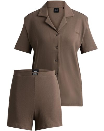 BOSS Ribbed-cotton Pyjamas With Logo Details And Side Slits - Brown