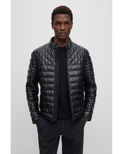 BOSS Nappa Leather Jacket With Stand Collar - Black