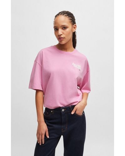 HUGO Cotton-jersey T-shirt With Seasonal Graphic Print - Pink