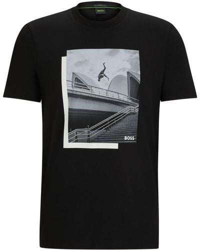 BOSS T-shirt In Jersey Van Stretchkatoen Met Fotoprint - Zwart