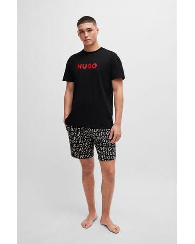 HUGO Pyjama en coton stretch avec logos - Noir