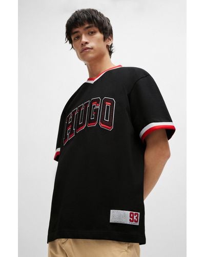 HUGO Cotton-jersey Relaxed-fit T-shirt With Sporty Logo - Black