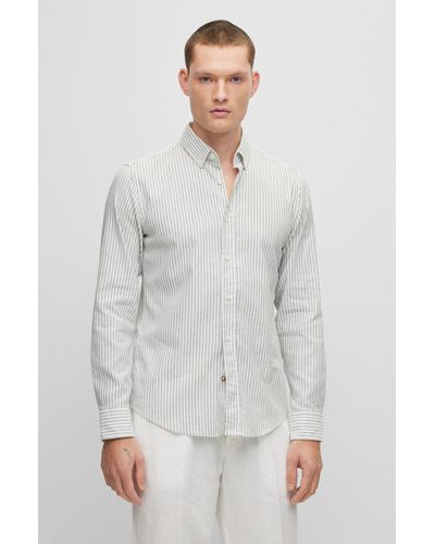BOSS by HUGO BOSS Casual-fit Shirt In Striped Cotton, Linen And Stretch - White