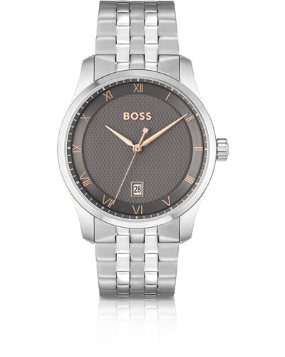 BOSS Uhr mit gemustertem grauem Zifferblatt und Gliederarmband