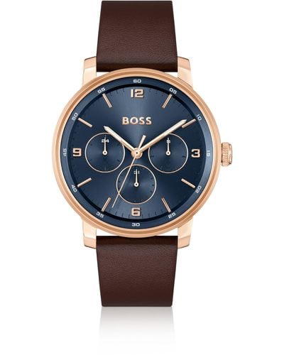 BOSS Blue-dial Watch With Brown Leather Strap