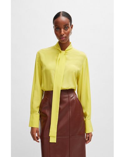 BOSS Relaxed-fit Blouse In Washed Silk With Tie Collar - Yellow