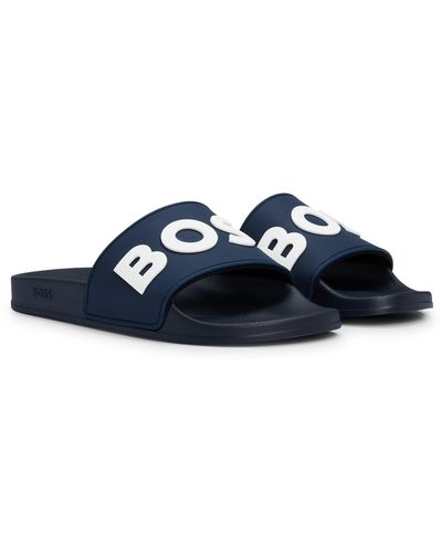 BOSS In Italië Vervaardigde Slippers Met Verhoogd Logo - Blauw