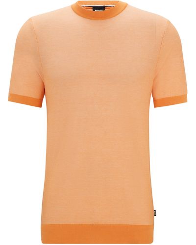 BOSS Kurzarm-Pullover aus Baumwoll-Mix mit filigraner Struktur - Orange