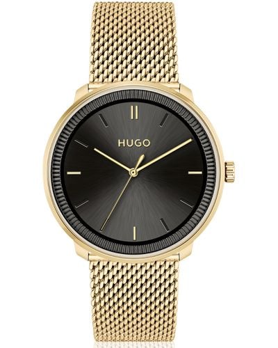 HUGO Gold-effect Watch With Mesh Bracelet And Leather Strap - Black