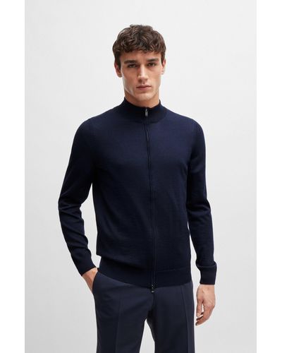 BOSS Cardigan Regular Fit zippé en laine vierge - Bleu