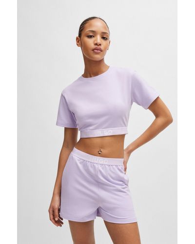 HUGO T-shirt en coton mélangé à col rond et taille logotée - Violet