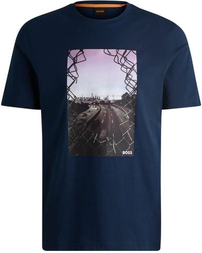 BOSS Cotton-jersey T-shirt With Logo Artwork - Blue
