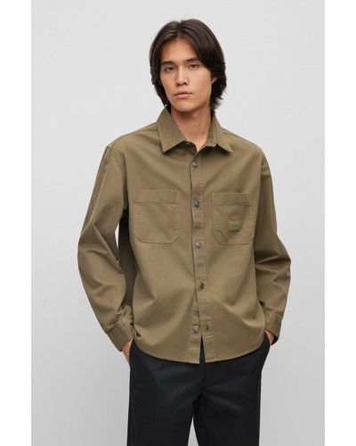 HUGO Oversized-fit Overshirt In Cotton Twill With Patch Pockets - Green