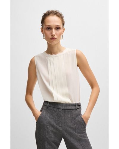 BOSS Pleat-front Sleeveless Blouse In Washed Silk - White
