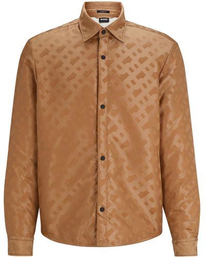 BOSS Relaxed-fit Overhemd Van Monogrammateriaal Met Kentkraag - Bruin