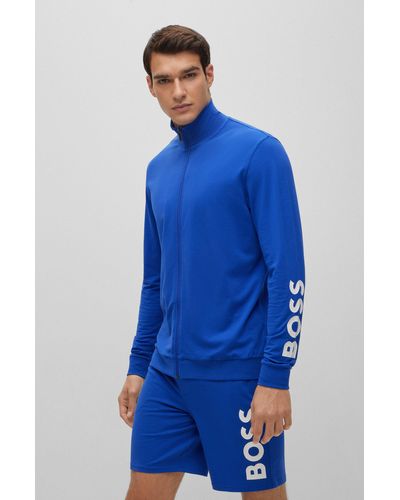 BOSS Stretch-cotton Pajamas With Contrast Logos - Blue