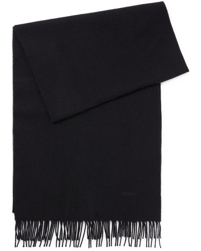 HUGO Écharpe en laine à franges et logo brodé - Noir