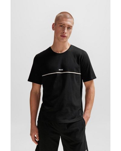 BOSS T-shirt del pigiama in cotone elasticizzato con logo e righe tipiche del marchio - Nero