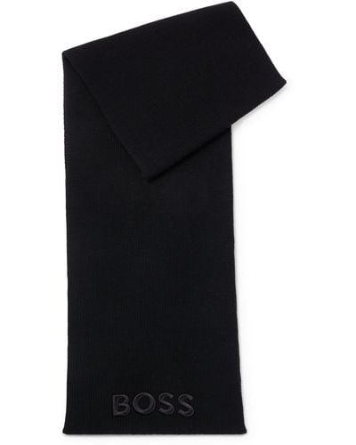 BOSS Gerippter Schal aus Schurwolle mit tonaler Logo-Stickerei - Schwarz